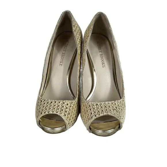 AUDREY Brook Peep Toe Heels Quillan Gold Cross Stitch size 9.5 - Picture 2 of 13
